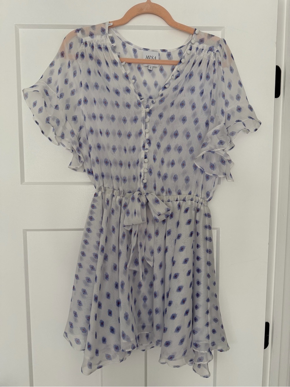 MISA Blue polka dot Ruffle sleeve mini Dress